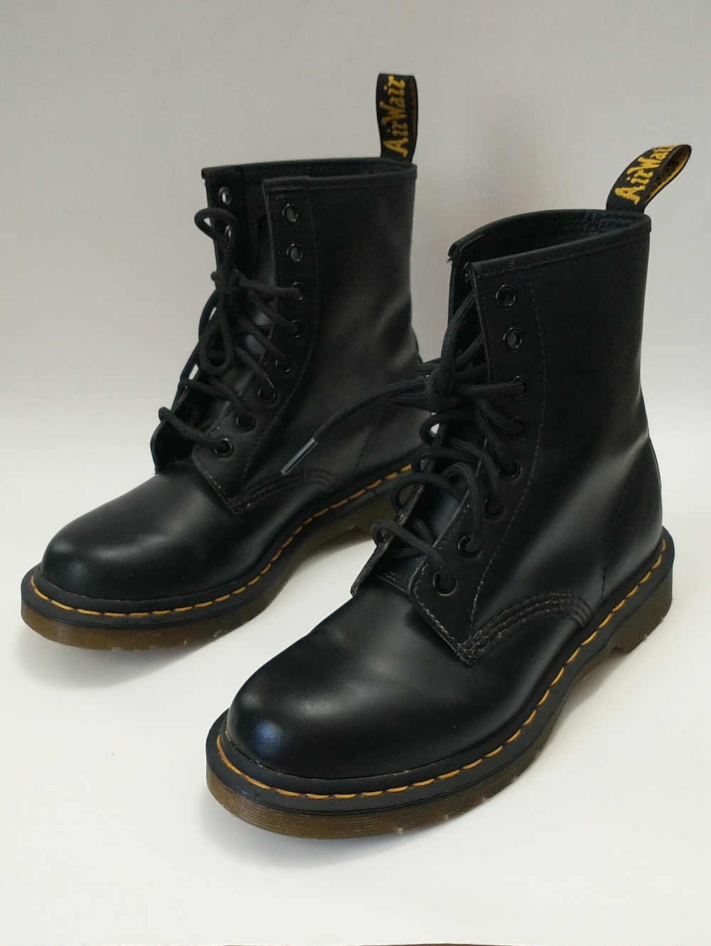 Dr. Martens Black Leather Lace-Up Combat Boots with Yellow Stitching. SIZE 7US